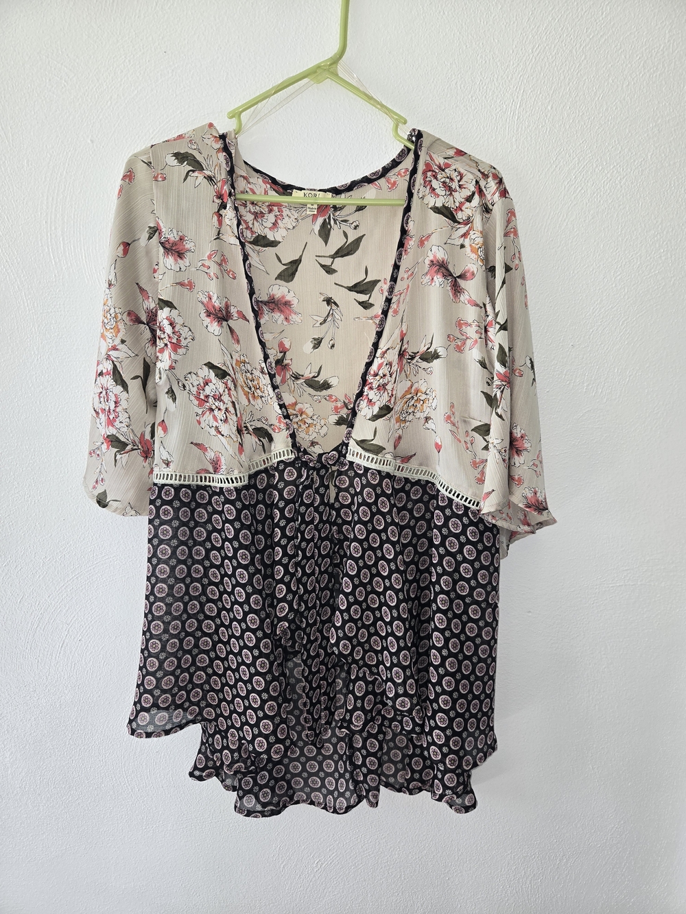 Kori Cream and Black Floral Kimono Style Tie -front Top